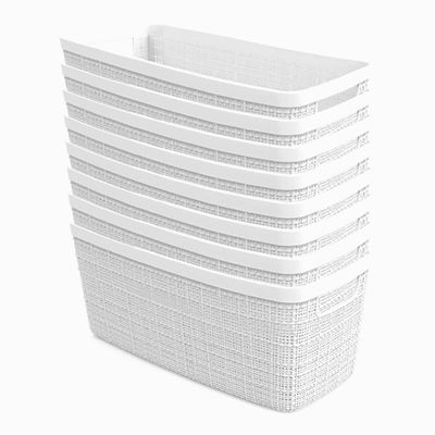 Curver Set of 8 Slim 6.8L Jute Decorative Plastic Organization and Storage Baskets - Perfect Bins for Home Office, Closet Shelves, Kitchen Pantry and All Bedroom Essentials, White