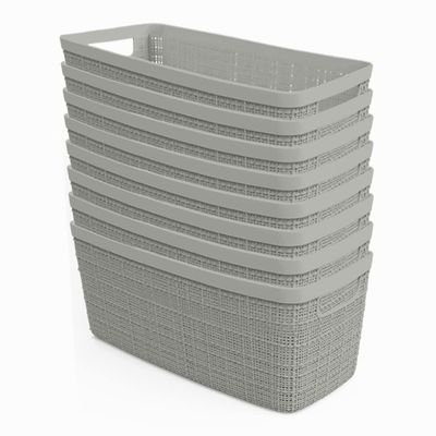 Curver Set of 8 Slim 6.8L Jute Decorative Plastic Organization and Storage Baskets - Perfect Bins for Home Office, Closet Shelves, Kitchen Pantry and All Bedroom Essentials, Grey