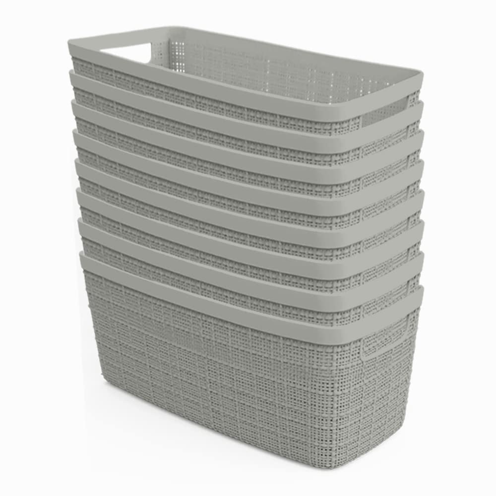 Curver Set of 8 Slim 6.8L Jute Decorative Plastic Organization and Storage Baskets - Perfect Bins for Home Office, Closet Shelves, Kitchen Pantry and All Bedroom Essentials, Grey