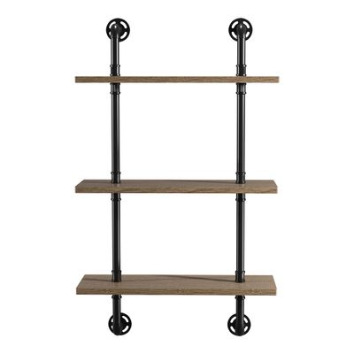 HOMES: Inside + Out Treiber Industrial 3-Tier Metal 24 in. Floating Shelf for Living Room, Bedroom, Natural Brown