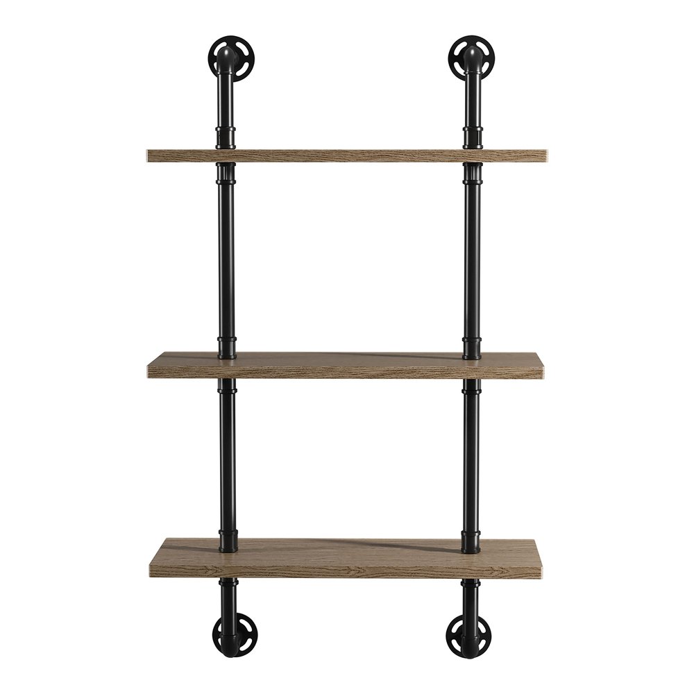 HOMES: Inside + Out Treiber Industrial 3-Tier Metal 24 in. Floating Shelf for Living Room, Bedroom, Natural Brown