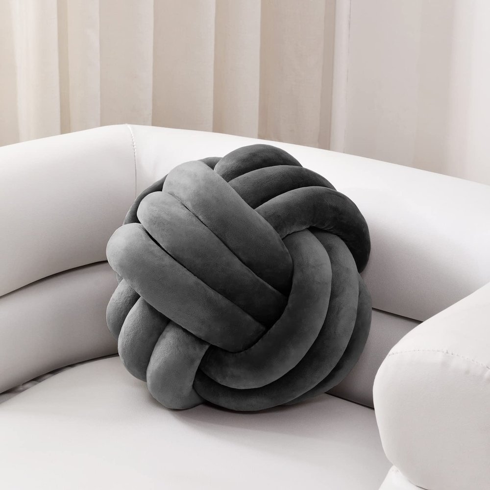 Sioloc Soft Knot Ball Pillows,Round Throw Pillow Cushion Home Decoration Plush Pillow,Throw Knotted Pillow Handmade Round Plush Pillow7.8inches,Dark Grey