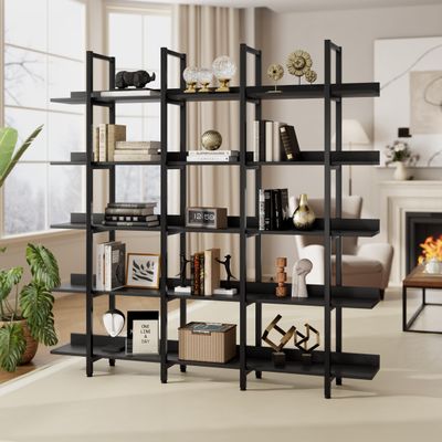 5-Shelf Bookcase, Large Open Bookshelf Modern Industrial Style, Open Display Shelves with Metal Frame for Living Room, Black