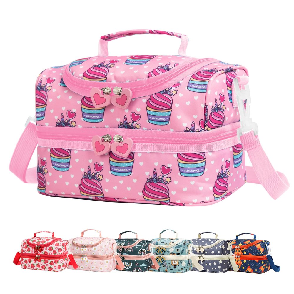 Life on track Insulated Kids Dual Compartment Lunch Bags Tote for Girls Boys Toddler Lunch Boxes Pre-School Toddler Kindergarten Picnic Camp Food Cooler Thermal with Strap (Pink Unicake)