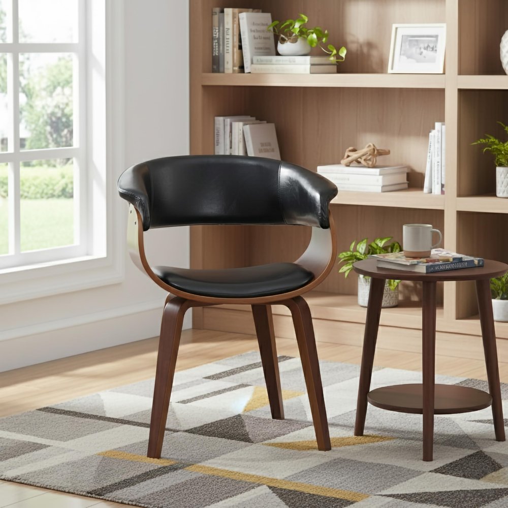 AC Pacific D-007 Curved Mid Century Modern Dining Chair with Faux Leather Padded Seat & Back, Wooden Frame, Elegant Kitchen Accent Furniture, Easy Assembly, Black