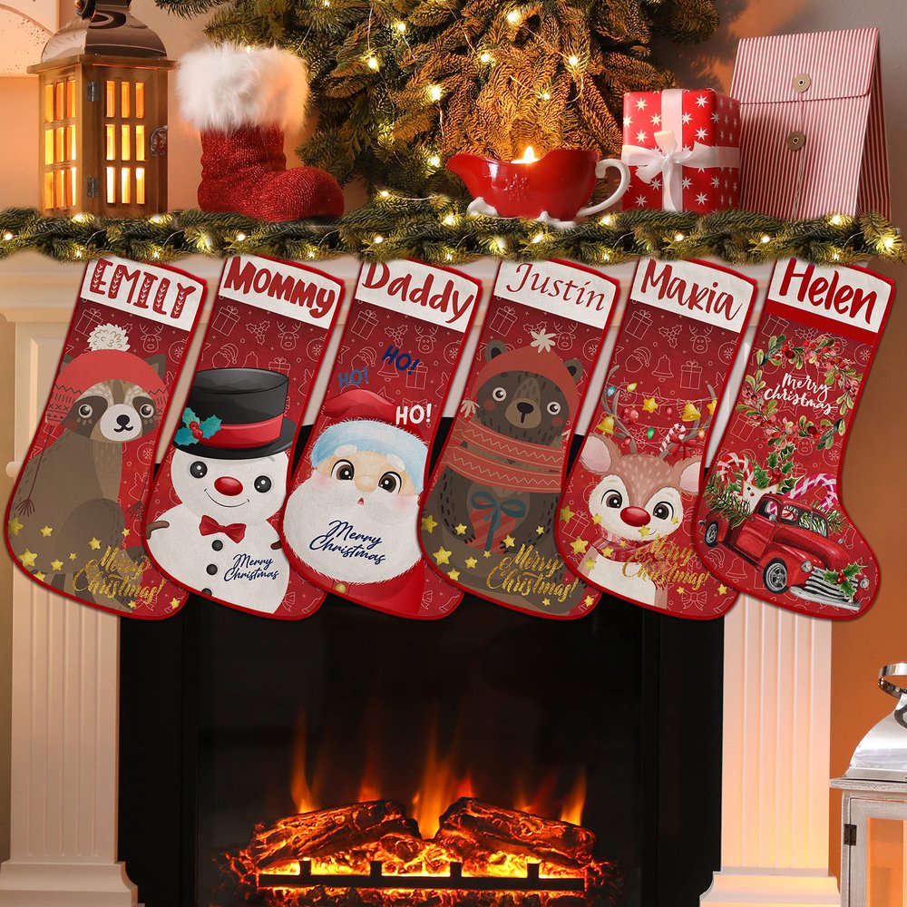 Brd Gifts Set of 5 - Personalized Christmas Stockings w/ 9 Patterns | 5 Fonts- 19" Santa, Gnome, Snowman, Reindeer, Fireplace Holiday Stocking Decorations, Gift for Family - Xmas Stocking for Kids