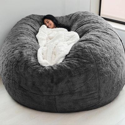 Bean Bag Chair Cover, 7FT Giant Breathable and Durable Comfortable (No Filler) Big Round Soft Fluffy Faux Fur BeanBag Lazy Sofa for Adult Living Room 180x90 cm