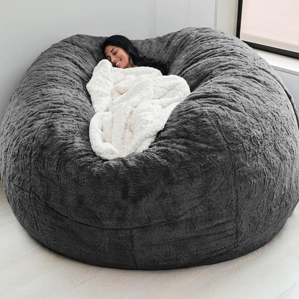 Bean Bag Chair Cover, 7FT Giant Breathable and Durable Comfortable (No Filler) Big Round Soft Fluffy Faux Fur BeanBag Lazy Sofa for Adult Living Room 180x90 cm