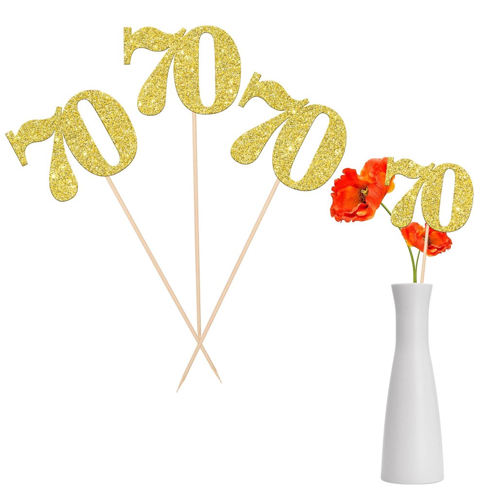 12 PCS Glitter 70th Birthday Centerpiece Sticks Number 70 Cake Toppers Seventy Table Flower Topper Decorations for 70th Birthday Anniversary Party Centerpiece Supplies Gold