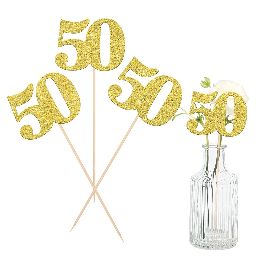 12 PCS Glitter 50th Birthday Centerpiece Sticks Number 50 Cake Toppers Fifty Table Flower Topper Decorations for 50th Birthday Anniversary Party Centerpiece Supplies Gold
