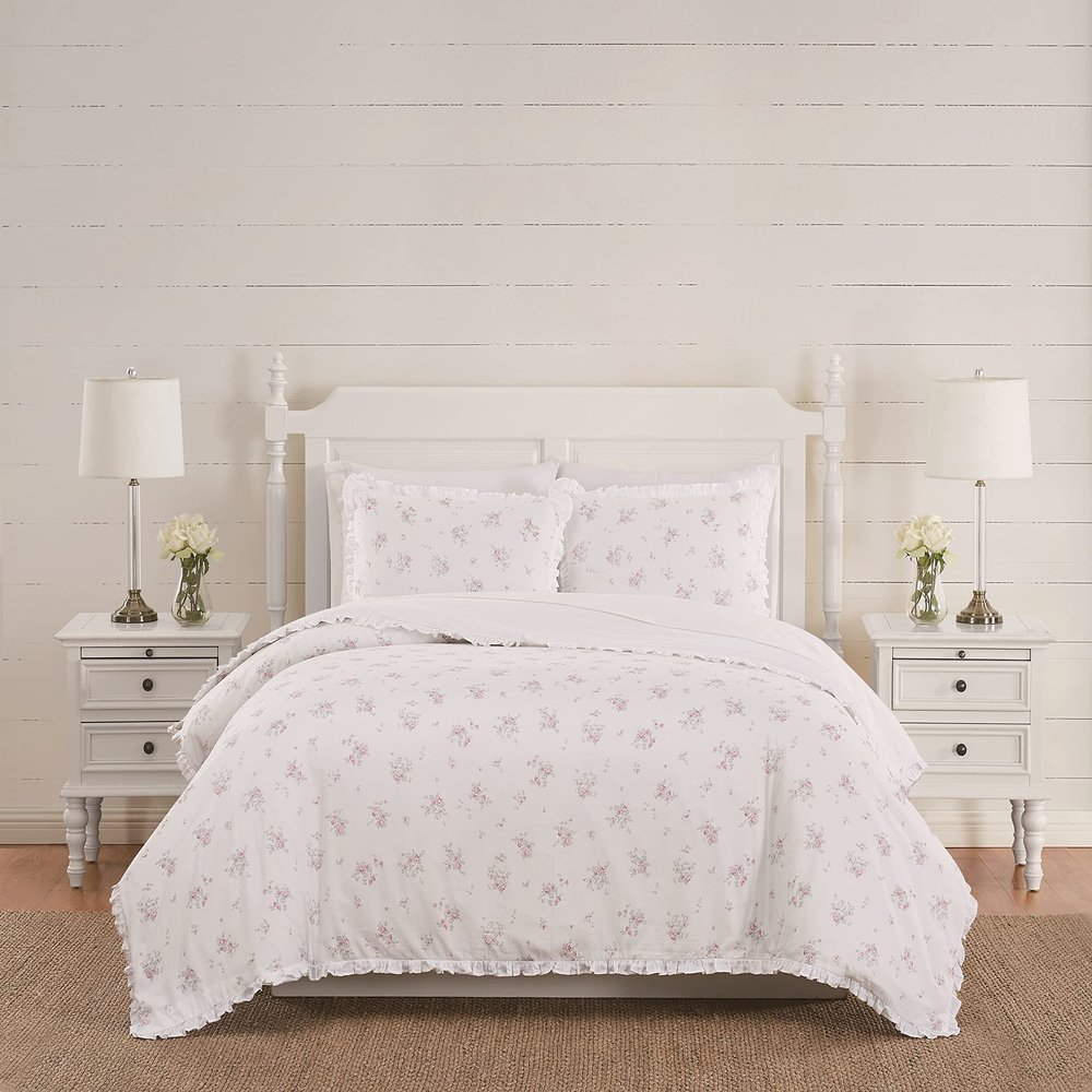 The Farmhouse by Rachel Ashwell Rosebury White and Pink Cotton 3-Piece Full/Queen Duvet Set, Floral, 100% Cotton, for Men and Women, Oeko-TEX Certified Confidence