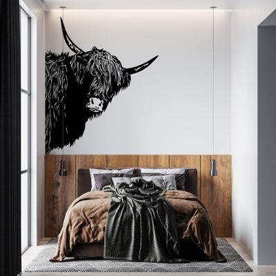 Farm Style Peeking Scottish Highland Cow Wall Decal Sticker. Farmhouse Home Decor. Funny Cow. Kitchen Decor. (Black Color) #6319 (Facing Right, 21in Tall X 20in Wide)