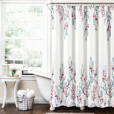 Lush Decor Mirabelle Watercolor Floral Shower Curtain Single 72" W x 72" L Blue & Coral - White Shower Curtains for Bathroom - Bathroom Curtain