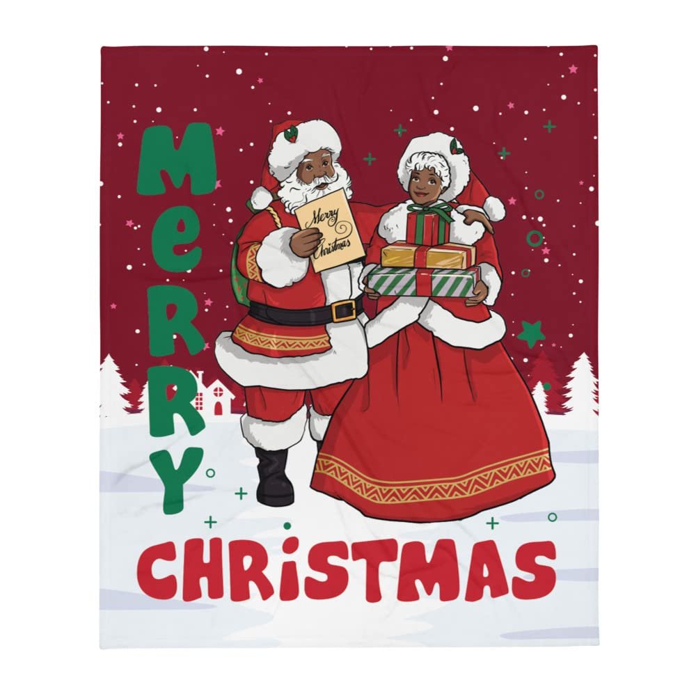 African American Mr and Mrs Santa Claus Merry Christmas Burgundy Background Throw Blanket