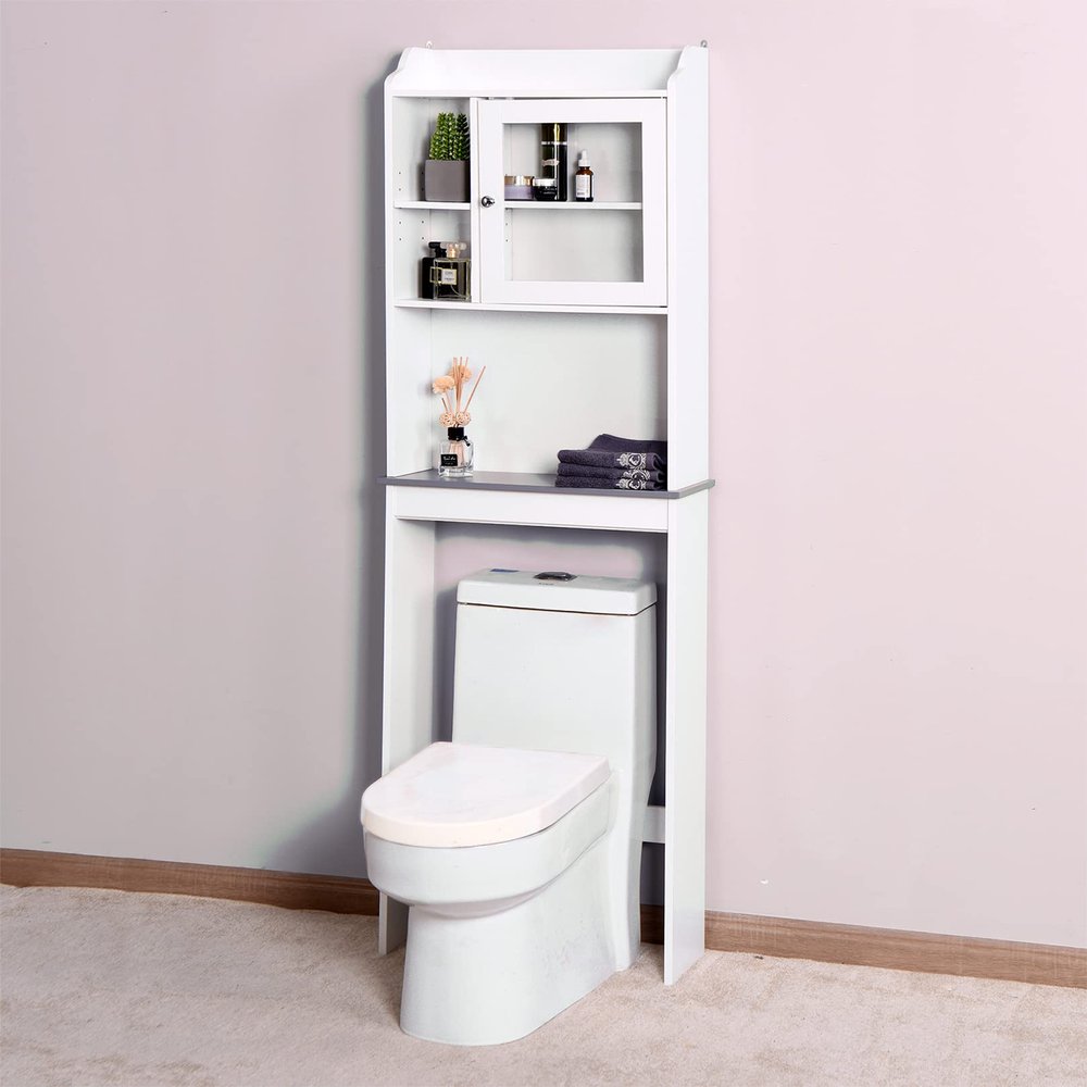 Fabsmurd Over The Toilet Bathroom Cabinet Organizer with Door Freestanding Wooden Space-Saving Heavy Duty Corner Shelf Multifunctional Storage Toilet Rack Bathroom Furniture (White)
