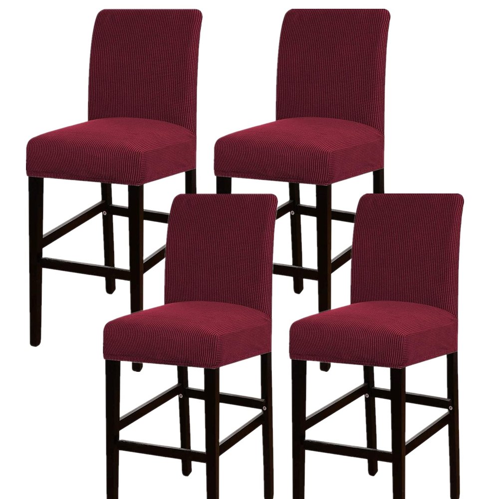 GAMUKAI Stretch Bar Stool Covers Set of 4 Elastic Slipcovers for Counter Stools, Pub Chairs & Dining Room Seats Jacquard Fabric, Removable Washable Seat Covers (Burgundy, 4)
