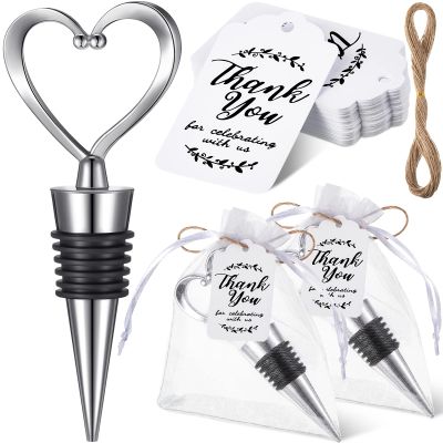 60 Pack Bridal Shower Favors Heart Shape Wine Stoppers Bulk Wedding Favors for Guests Love Wine Bottle Stopper Sliver Champagne Beer Bottle Cover with Sheer Bags Labels Wedding Gift Valentine Decor