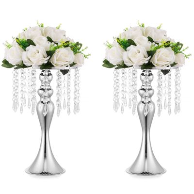 2 Pcs Silver Vases for Centerpieces, 13.8in Crystal Flower Arrangement Stand, Wedding Centerpieces for Tables, Tall Metal Flower Vase Holders for Wedding, Event, Reception, Birthday, Home Decor