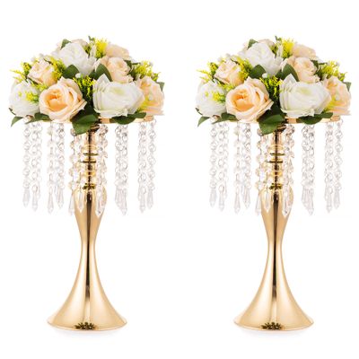 2 Pcs Gold Vases for Centerpieces, 13.8in Crystal Flower Arrangement Stand, Wedding Centerpieces for Tables, Tall Metal Flower Vase Holders for Wedding, Event, Reception, Birthday, Home Decor