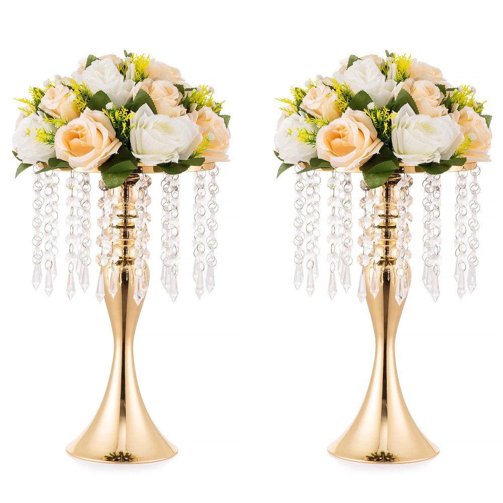 2 Pcs Gold Vases for Centerpieces, 13.8in Crystal Flower Arrangement Stand, Wedding Centerpieces for Tables, Tall Metal Flower Vase Holders for Wedding, Event, Reception, Birthday, Home Decor