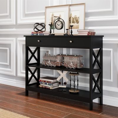 3-Tier Console Table with 1 Drawer and 2 Open Shelves, Narrow Wood Hallway Table Entry Table, X-Shaped Side Sofa Table for Living Room, Easy Assembly, 39.4in W x 11.8in D x 31.5in H, Black
