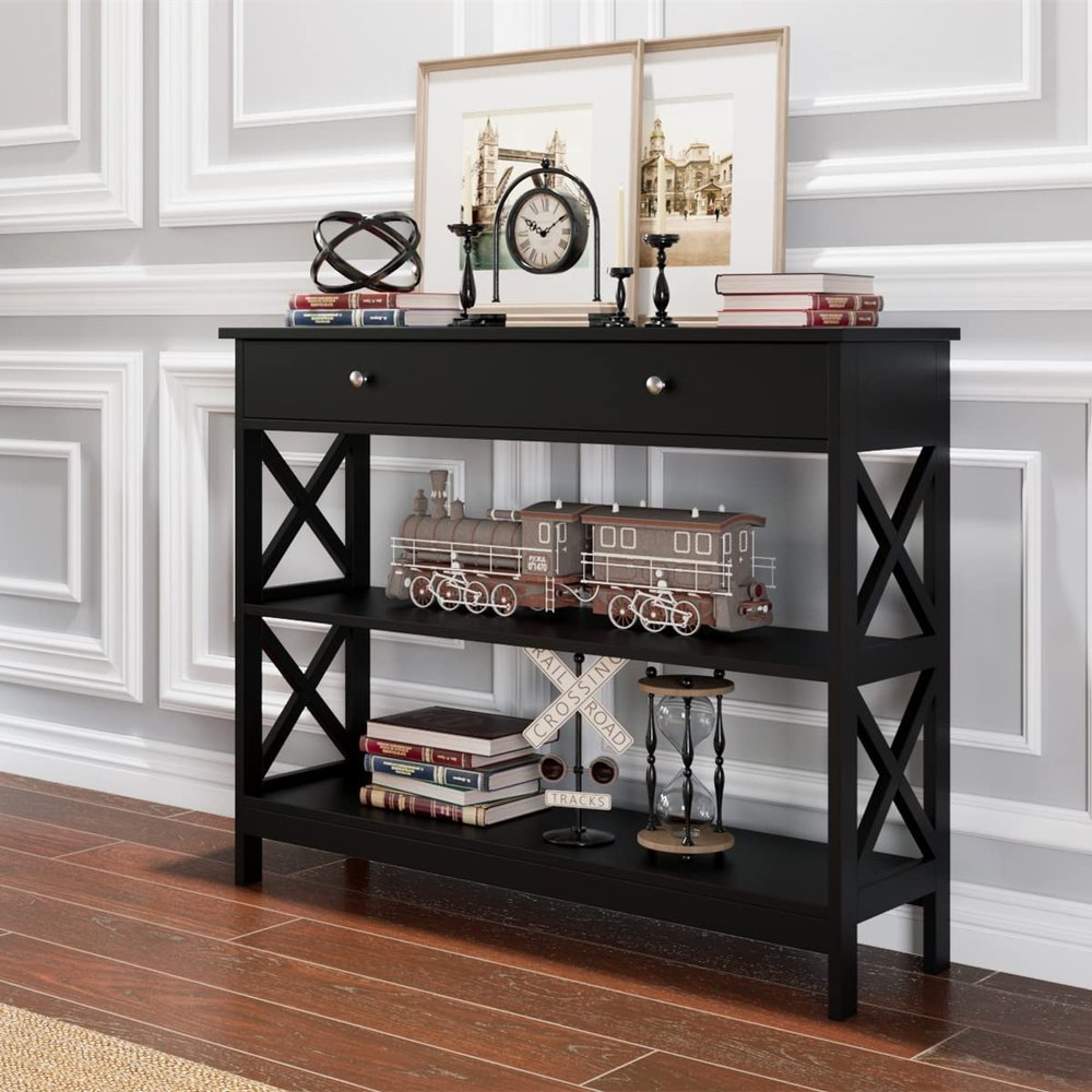 3-Tier Console Table with 1 Drawer and 2 Open Shelves, Narrow Wood Hallway Table Entry Table, X-Shaped Side Sofa Table for Living Room, Easy Assembly, 39.4in W x 11.8in D x 31.5in H, Black