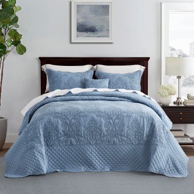 CHIXIN Bedspread Coverlet Quilt Set Full Size - Lightweight Bedding Cover - Beautiful Stitching - 5 Piece Reversible Bedspread - Luxury Damask Paisley Pattern (Full, Ashley Blue)