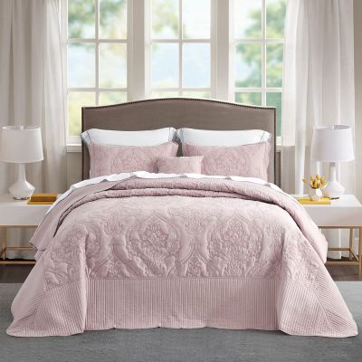 CHIXIN Bedspread Coverlet Quilt Set Full Size - Lightweight Bedding Cover - Beautiful Stitching - 5 Piece Reversible Bedspread - Gorgeous Damask Paisley Pattern (Full, Pale Rose)