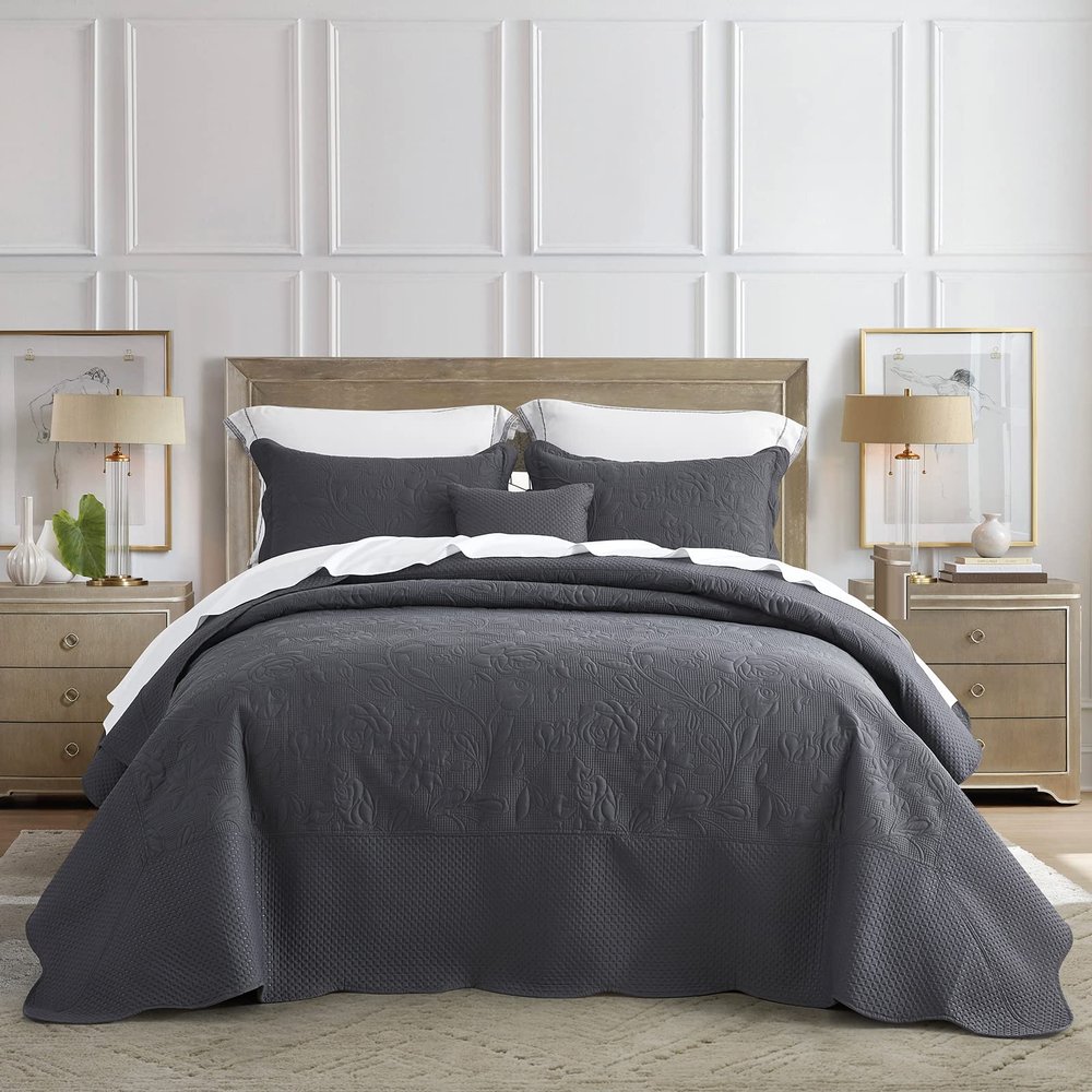CHIXIN Oversized Bedspread Coverlet Set King Size - Lightweight Bedding Cover - Ultrasonic Quilting - 5 Piece Reversible Bedspread - Vintage Rose Pattern (King, Dark Grey)