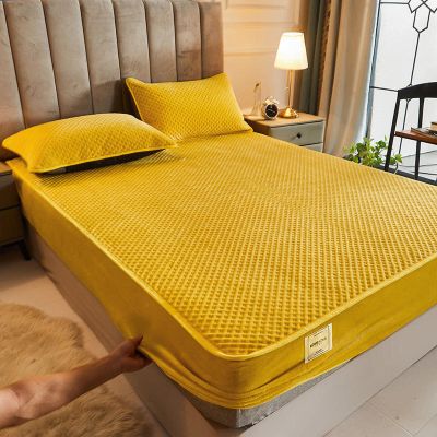 CFYCYHDZHT King Sheet Sets Deep Pocket,Winter Thick Solid Color Flannel Mattress Cover for The Full Queen Bed, Children's Room Warmth Printing Cartoon Bed Protector,Yellow,150cmx200cm