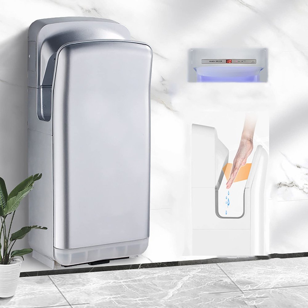 Automatic Induction Hand Dryer,Wall-Mounting Eco-Friendly Hand Drying Unit,Hand Dryer for Toilets,Water Waste Collection,Hot/Cold Air Switch,5-7 Seconds To Dry,LED Display Countdown,Silver