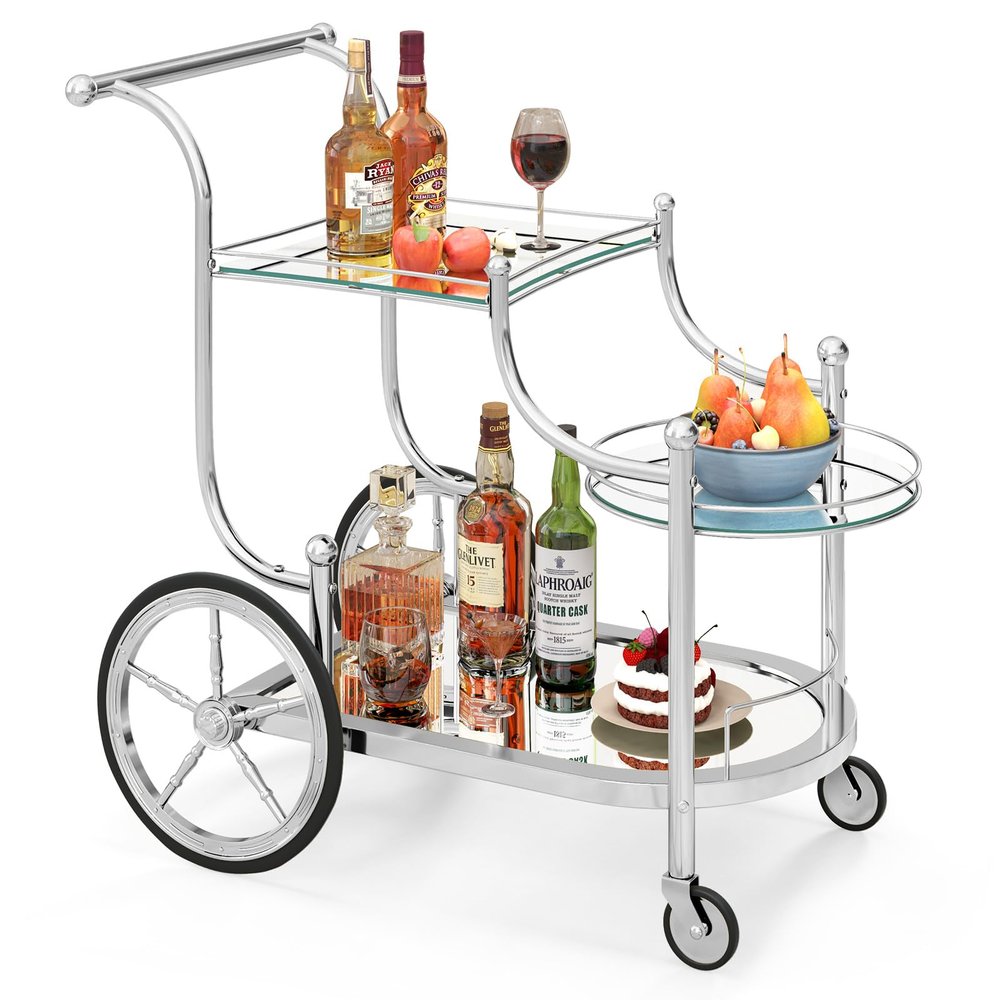 COSTWAY Glass Rolling Bar Cart, Rolling Serving Cart with 3-Tier Shelf, Directional Wheels & Universal Wheels, Mobile Wine Tea Serving Cart for Hotel, Club & Home
