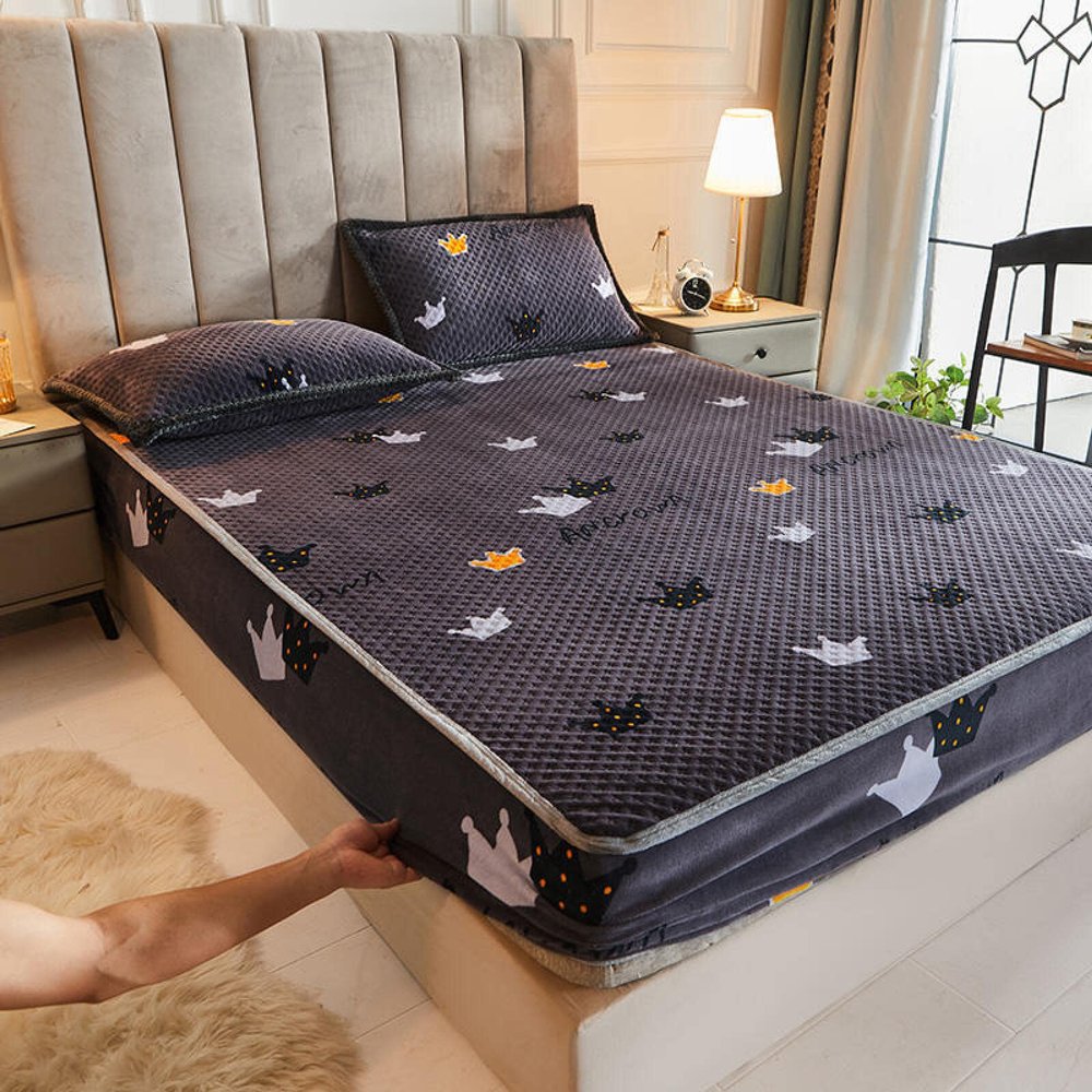 CFYCYHDZHT Bedding Fitted Sheet,Winter Thick Solid Color Flannel Mattress Cover for The Full Queen Bed, Children's Room Warmth Printing Cartoon Bed Protector,Grey,150cmx200cm