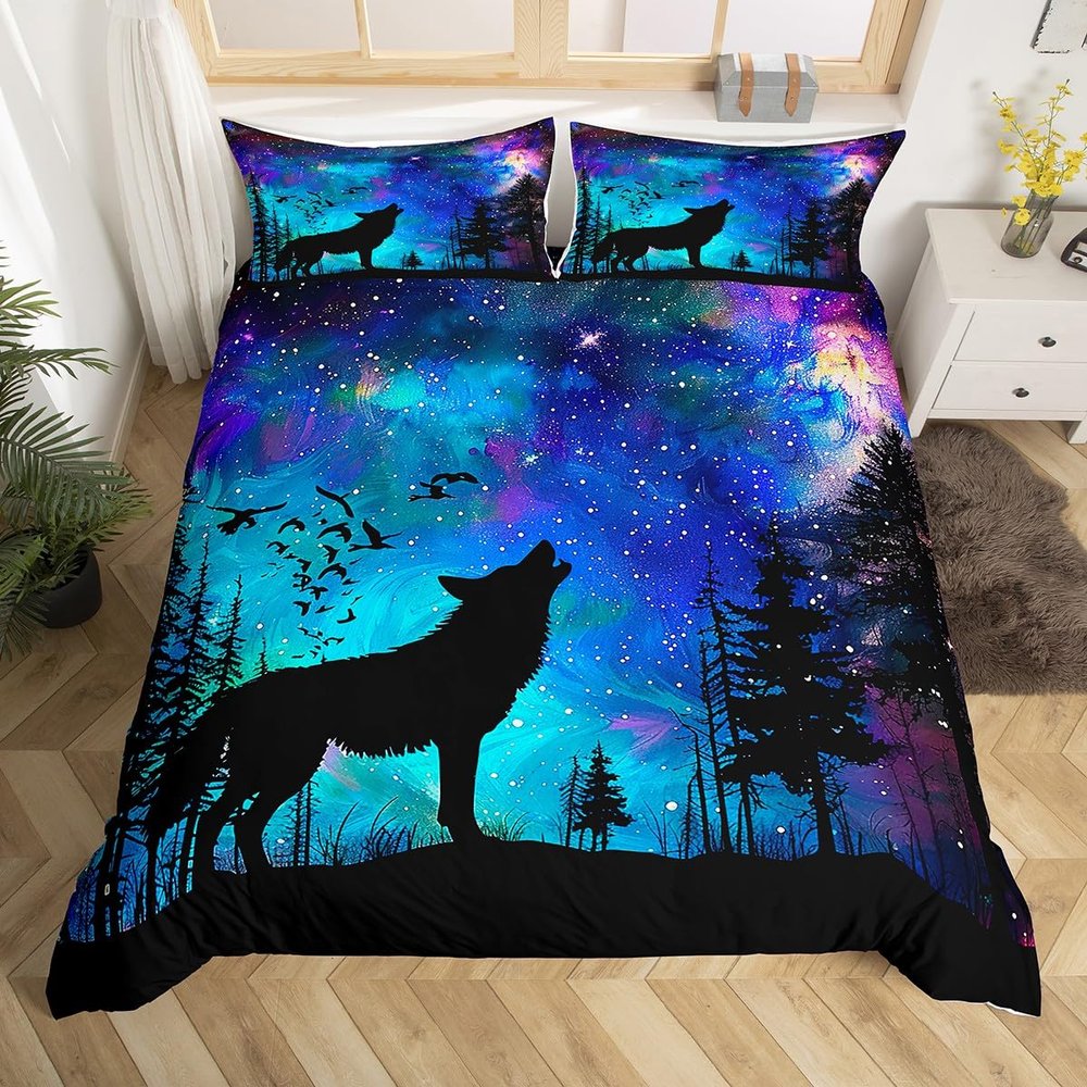 Castle Fairy Blue Galaxy Bedding Set Queen Size,Wolf Animal Trees Silhouette Duvet Cover Set for Children Xmas Bedroom Present, Stars Nebula Space Microfiber Comforter Cover with 2 Pillowcases, Soft