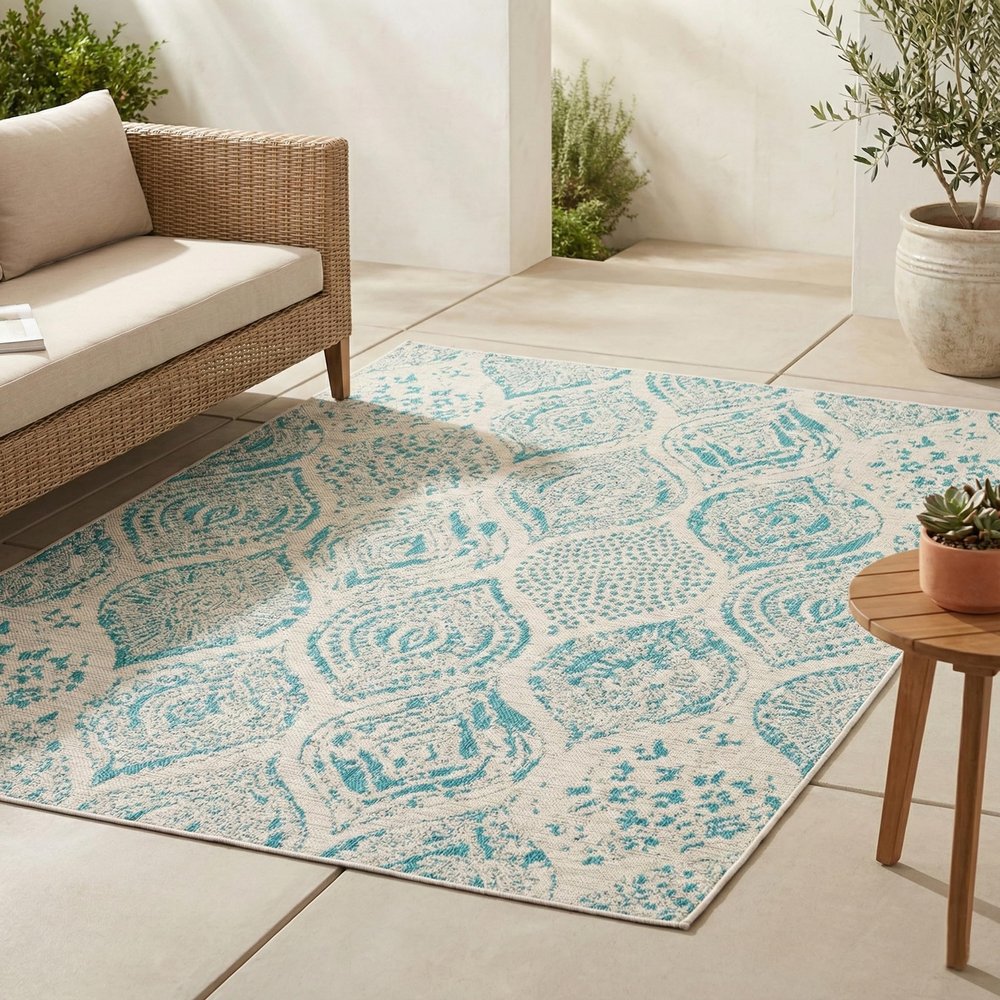 FH Home Flat Woven Outdoor Rug - Waterproof, Easy to Clean, Stain resistant - Premium Polypropylene Yarn - Distressed Farmhouse - Porch, Deck,Balcony,Laundry Room - Granada - Aqua - 2ft 7in x 4ft 11in