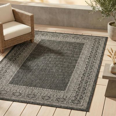 FH Home Flat Woven Outdoor Rug - Waterproof, Easy to Clean, Stain resistant - Premium Polypropylene Yarn - Bordered Moroccan - Porch, Deck, Balcony,Laundry Room - Accra - Charcoal - 2ft 7in x 4ft 11in