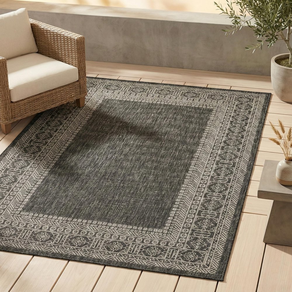 FH Home Flat Woven Outdoor Rug - Waterproof, Easy to Clean, Stain resistant - Premium Polypropylene Yarn - Bordered Moroccan - Porch, Deck, Balcony,Laundry Room - Accra - Charcoal - 2ft 7in x 4ft 11in