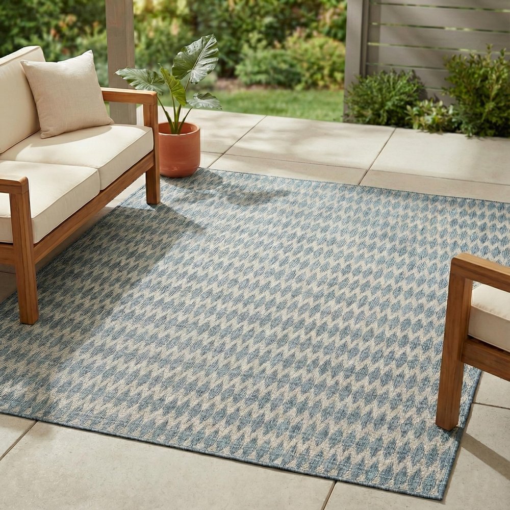 FH Home Flat Woven Outdoor Rug - Waterproof, Easy to Clean, Stain Resistant - Premium Polypropylene Yarn - Geometric - Patio, Deck, Porch, Balcony, Laundry Room - Giza - Aqua - 3ft 11in x 5ft 6in