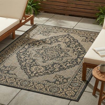 FH Home Flat Woven Outdoor Rug - Waterproof, Easy to Clean, Stain Resistant - Premium Polypropylene Yarn - Vintage - Porch, Deck, Balcony,Laundry Room - Ankara - Charcoal - 2ft 8in x 4 ft 11in