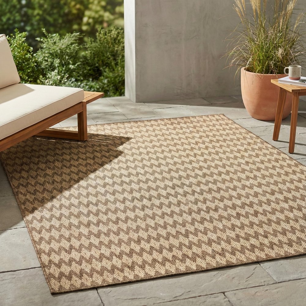 FH Home Flat Woven Outdoor Rug - Waterproof, Easy to Clean, Stain Resistant - Premium Polypropylene Yarn - Geometric - Patio, Deck, Porch, Balcony, Laundry Room - Giza - Sand - 3ft 11 in x 5ft 6in