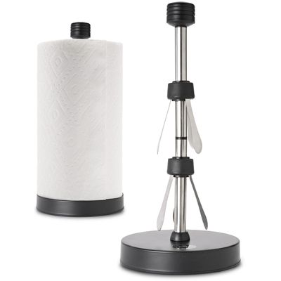 Heavy-Duty Stainless Steel Paper Towel Holder - Easy One-Handed Tear with Suction Cups - Modern Weighted Standing Countertop Dispenser for Kitchen - Holds All Paper Towel Rolls, Black