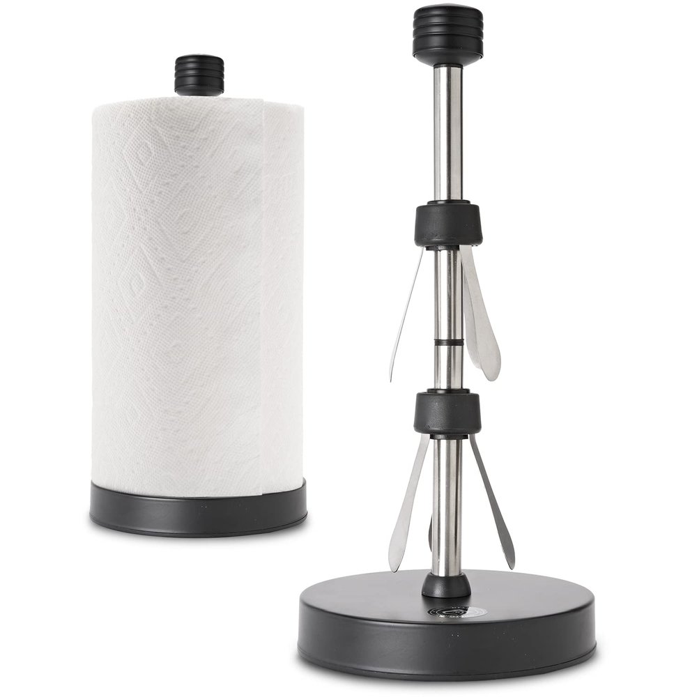 Heavy-Duty Stainless Steel Paper Towel Holder - Easy One-Handed Tear with Suction Cups - Modern Weighted Standing Countertop Dispenser for Kitchen - Holds All Paper Towel Rolls, Black