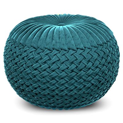 SIMPLIHOME Grafton Round Pouf - 20 inch Wide Upholstered Velvet Ottoman in Teal, Transitional Button-Tufted Footstool or Extra Seating for Living Room or Bedroom with Polystyrene Filling, Assembled