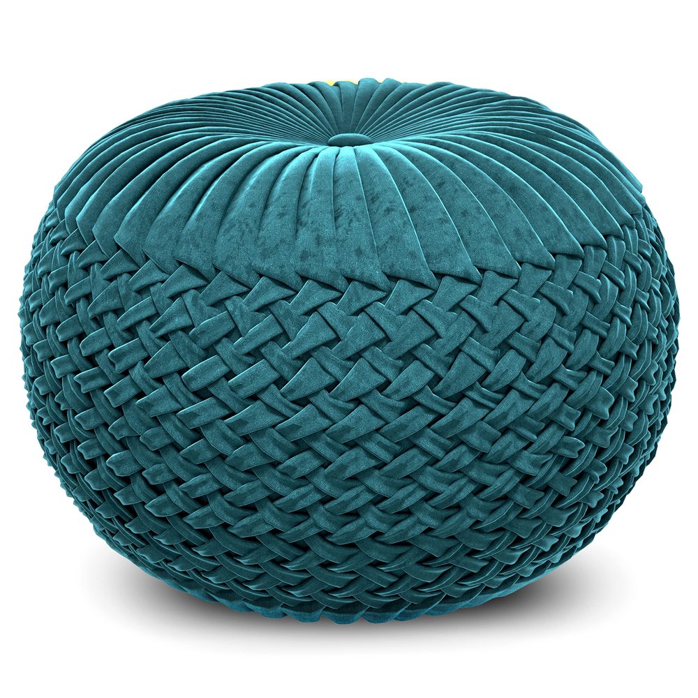 SIMPLIHOME Grafton Round Pouf - 20 inch Wide Upholstered Velvet Ottoman in Teal, Transitional Button-Tufted Footstool or Extra Seating for Living Room or Bedroom with Polystyrene Filling, Assembled