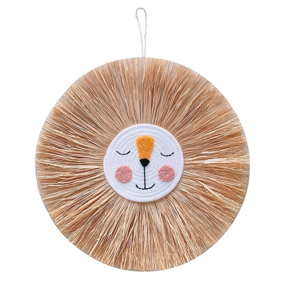MESE Animal Head Hand-Woven Wall Hanging Craft,Cartoon Lion Tiger Straw and Cotton Thread Weaving Wall Pendant,Nursery Room Wall Art Decor for Home Bedroom Living Room Decoration (G5)