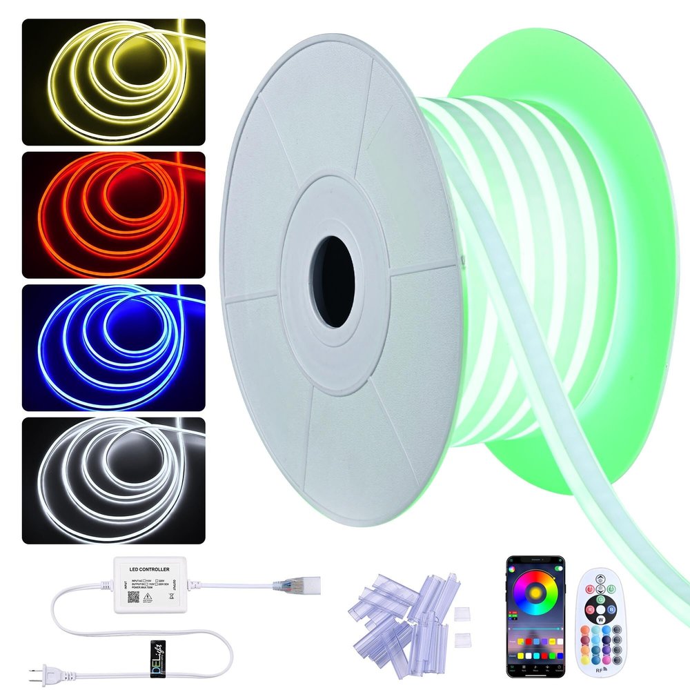 DELight 50FT RGB Neon Rope Lights with Remote Control & APP AC 110V IP65 Waterproof Music Sync Dimmable Cuttable Flexible LED Strip Lights DIY for Commercial Indoor Outdoor Decor DEL-D50R