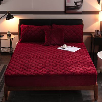 CFYCYHDZHT Bedsheet Set,Warm Thick Pure Color Crystal Velvet Mattress Protection Cover for Twin, Full, Queen, King Beds Extra Deep Fitted Sheets,Red,140200cm