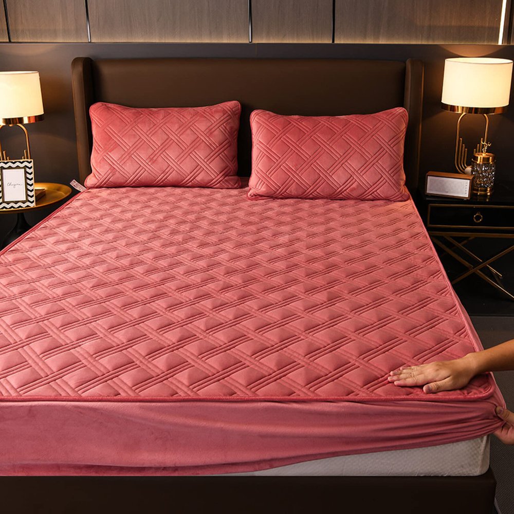 CFYCYHDZHT Bedding Best for Hotel Home,Warm Thick Pure Color Crystal Velvet Mattress Protection Cover for Twin, Full, Queen, King Beds Extra Deep Fitted Sheets,Pink 1,90200cm
