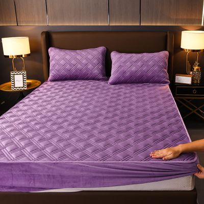 CFYCYHDZHT Bed Sheet Set,Warm Thick Pure Color Crystal Velvet Mattress Protection Cover for Twin, Full, Queen, King Beds Extra Deep Fitted Sheets,Purple 1,135200cm