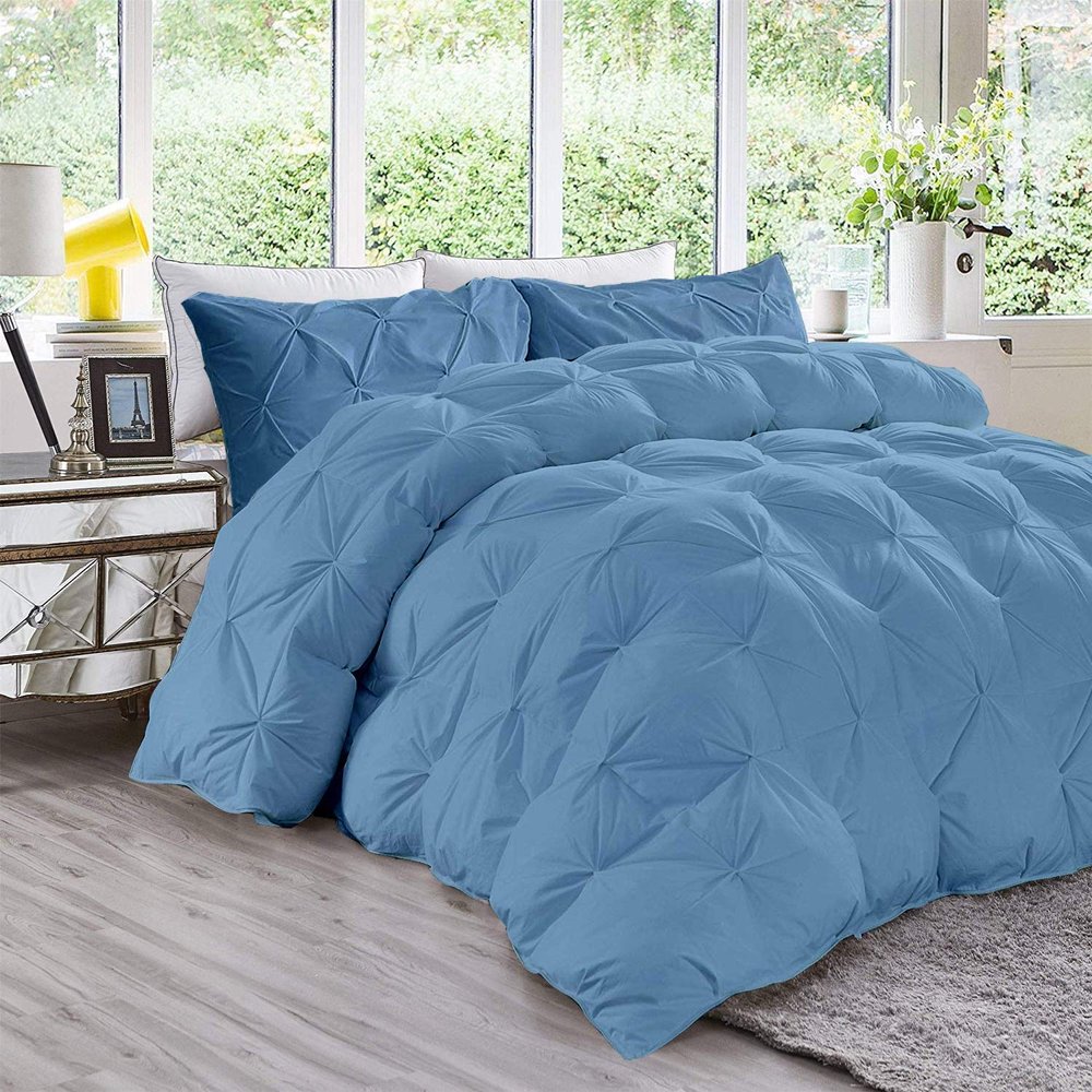 All Season 500 GSM Light Blue Goose Down 3 Pieces Quilted Pinch Pleated Comforter Set (Comforter + 2 Pillow Cases) 1000 Series Egyptian Cotton Duvet Insert Perfect Oversized King